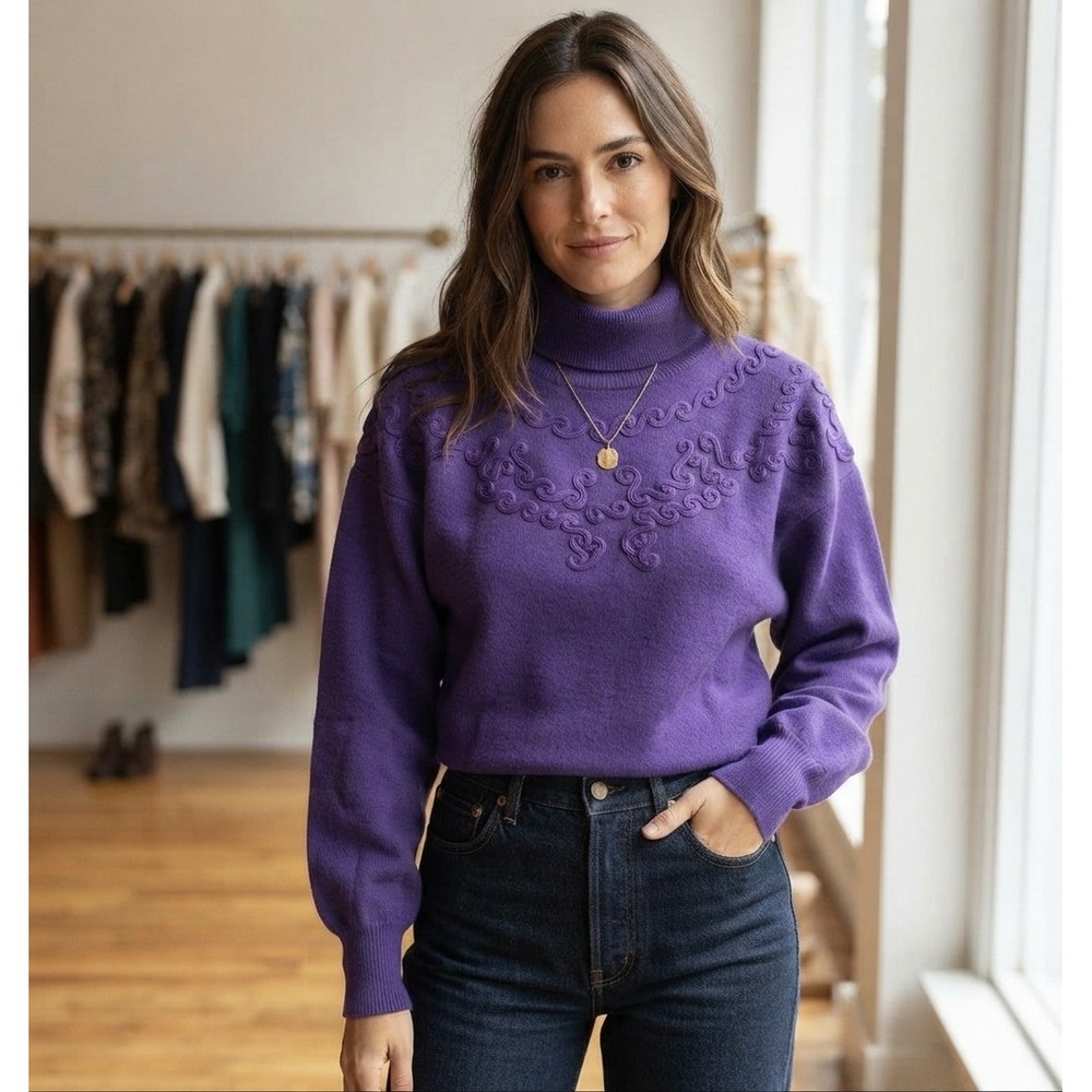 Meister Vintage Purple Soutache Embroidered Turtleneck Wool Blend Sweater L